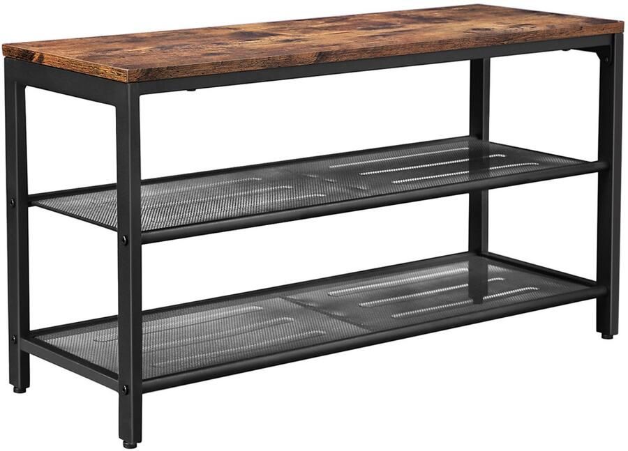 Schoenenrek opbergrek multifunctioneel opbergmeubel met 2 metalen gaasplanken en 1 bovenblad dat als schoenenbank kan dienen geschikt voor hal woonkamer gang en slaapkamer 80 x 30 x 44.5 cm bruin en zwart