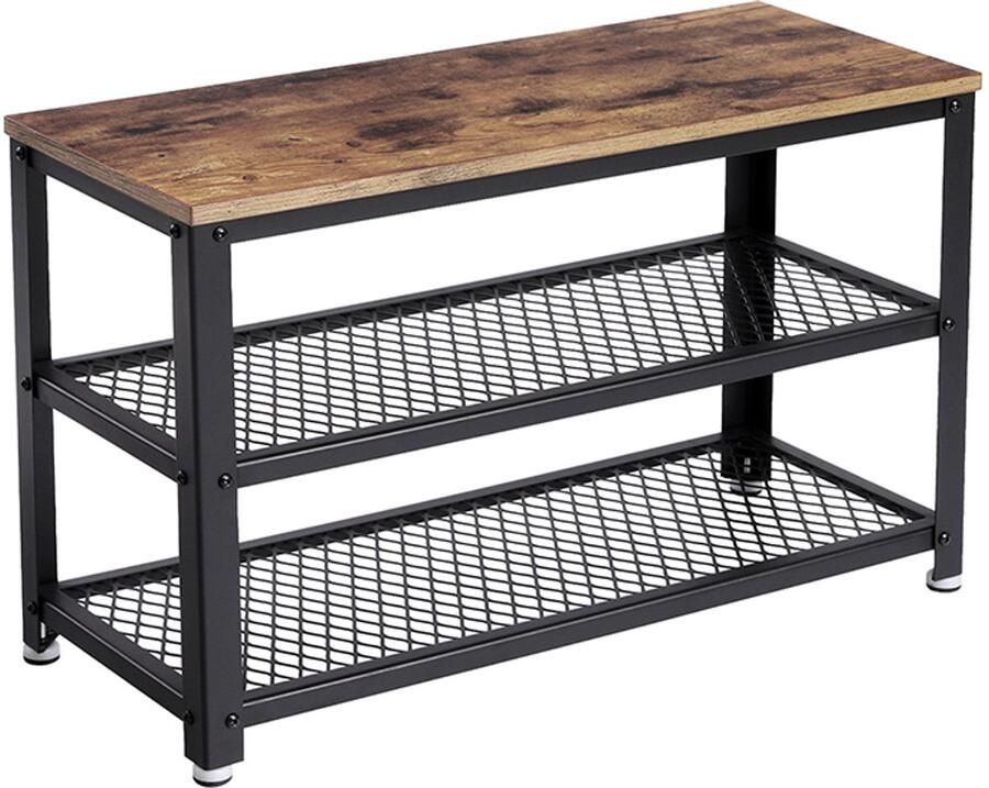 Schoenenrek opbergrek multifunctioneel opbergmeubel met 2 metalen gaasplanken en 1 bovenblad dat als schoenenbank kan dienen geschikt voor hal woonkamer gang en slaapkamer 73 x 30 x 45 cm bruin en zwart