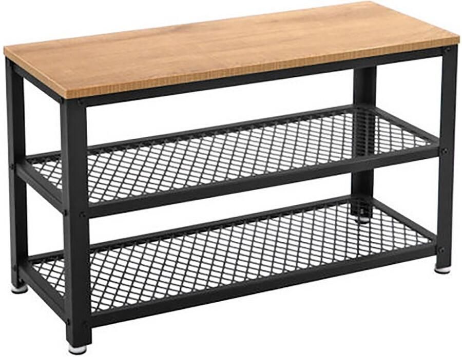 Schoenenrek opbergrek multifunctioneel opbergmeubel met 2 metalen gaasplanken en 1 bovenblad dat als schoenenbank kan dienen geschikt voor hal woonkamer gang en slaapkamer 73 x 30 x 45 cm naturel en zwart