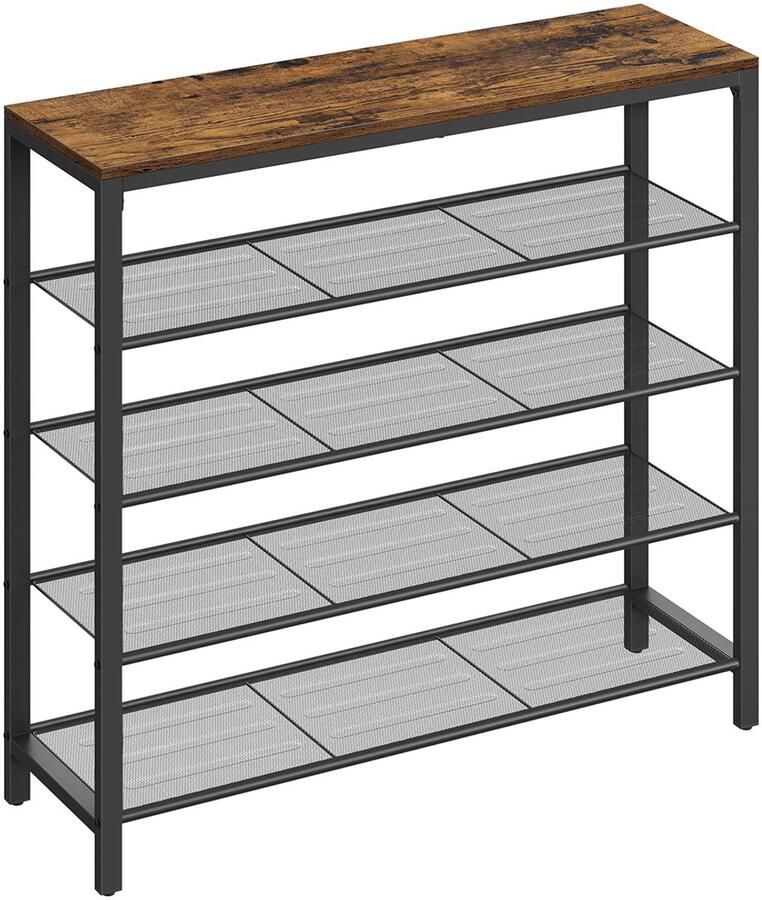 Schoenenrek opbergrek multifunctioneel opbergmeubel met 4 gaasplanken en 1 bovenblad geschikt voor hal gang en slaapkamer stevig metalen frame 100 x 30 x 92 5 cm bruin en zwart