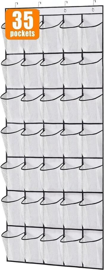 Schoenenrek Organizer Schoenenkasten Schoenenzak hangend Schoenenopberger met doorzichtige deur Organizer Schoenenzak Hangende opberger 35 vakken grote opbergruimte boven de deur voor in de kast schoenenhouder hanger wit