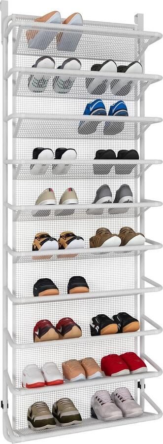 Schoenenrek over de deur met 10 niveaus hangende schoenenkast metalen schoenenorganizer voor eetkamer mat wit 55 x 195 x 159 cm