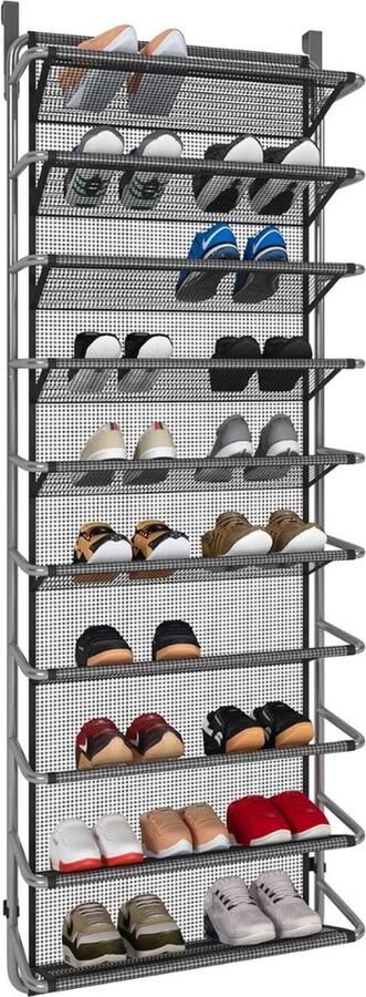 Schoenenrek over de deur met 10 niveaus hangende schoenenkast metalen schoenenorganizer voor eetkamer grijs 55 x 19 5 x 159 cm