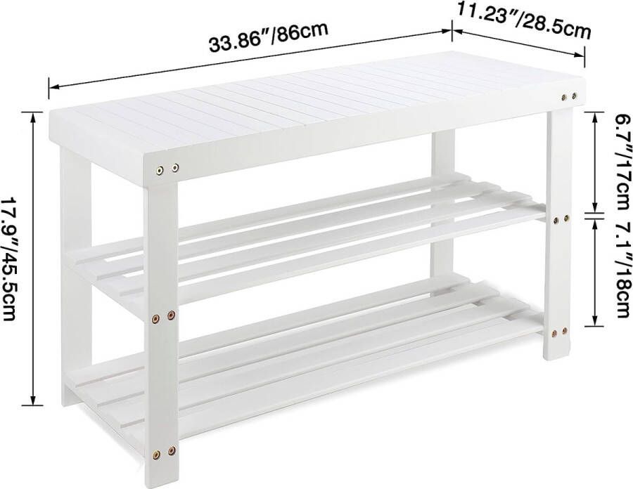 SMIBUY Bamboe Schoenenrek Bank 86 x 28.5 x 45.5 cm 3-Tier Schoen Organizer Opbergplank voor Hal Badkamer Woonkamer (Wit)