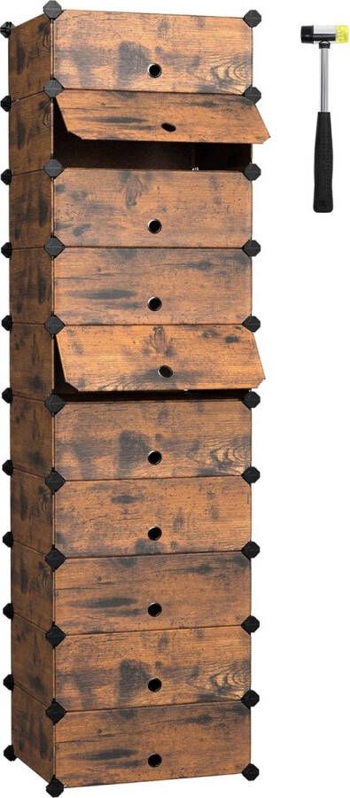 Schoenenrek plankensysteem met 10 vakken insteekplank kunststof platen draadframe opberger kledingkast schoenenopberger 40 x 30 x 17 cm per vak vintage bruin
