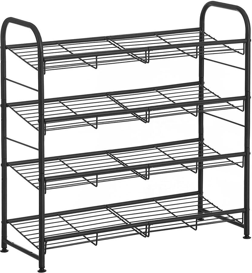Schoenenrek schoenen opbergsysteem met 4 legplanken biedt plaats aan maximaal 16 paar stevig metalen frame geschikt voor hakken sportschoenen en slippers 68 5 x 27 5 x 65 cm zwart
