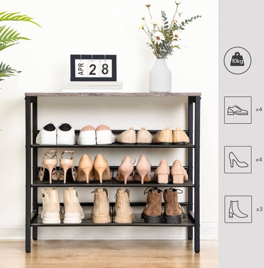 Schoenenrek schoenenkast met 4 niveaus schoenenbank met 3 roosterplanken plat of schuin stabiel voor entree hal slaapkamer industrieel design greige-zwart EBG14XJ01