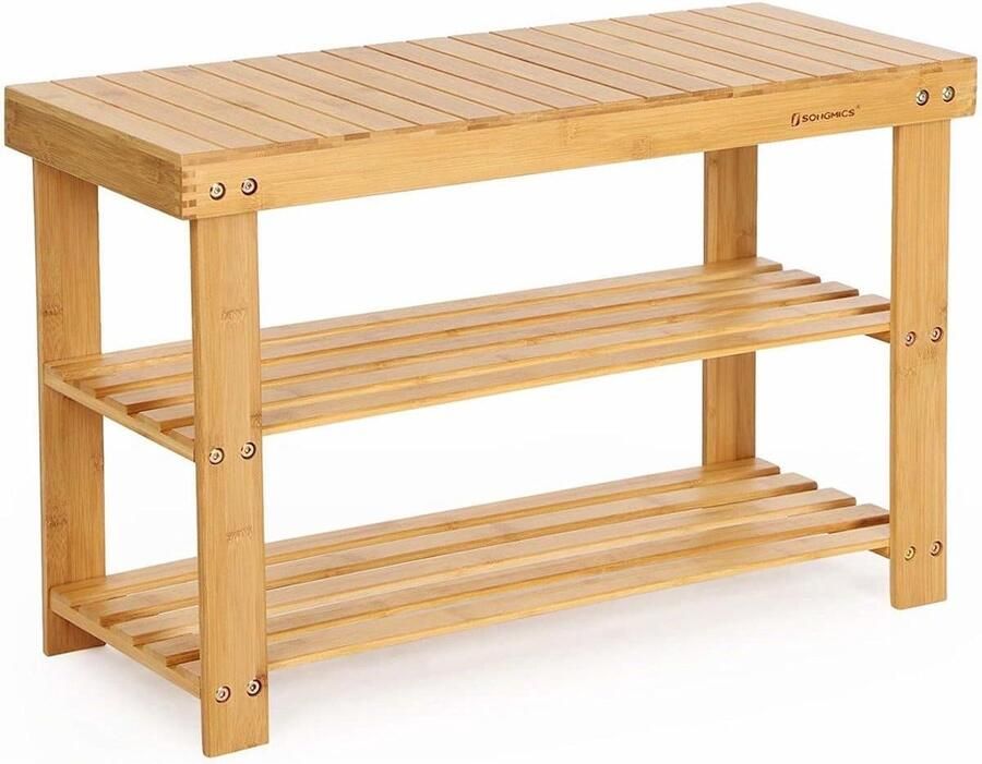 Schoenenrek schoenenkast met bank bamboe schoenenbank met 3 planken Badrek 70 x 28 x 45 cm