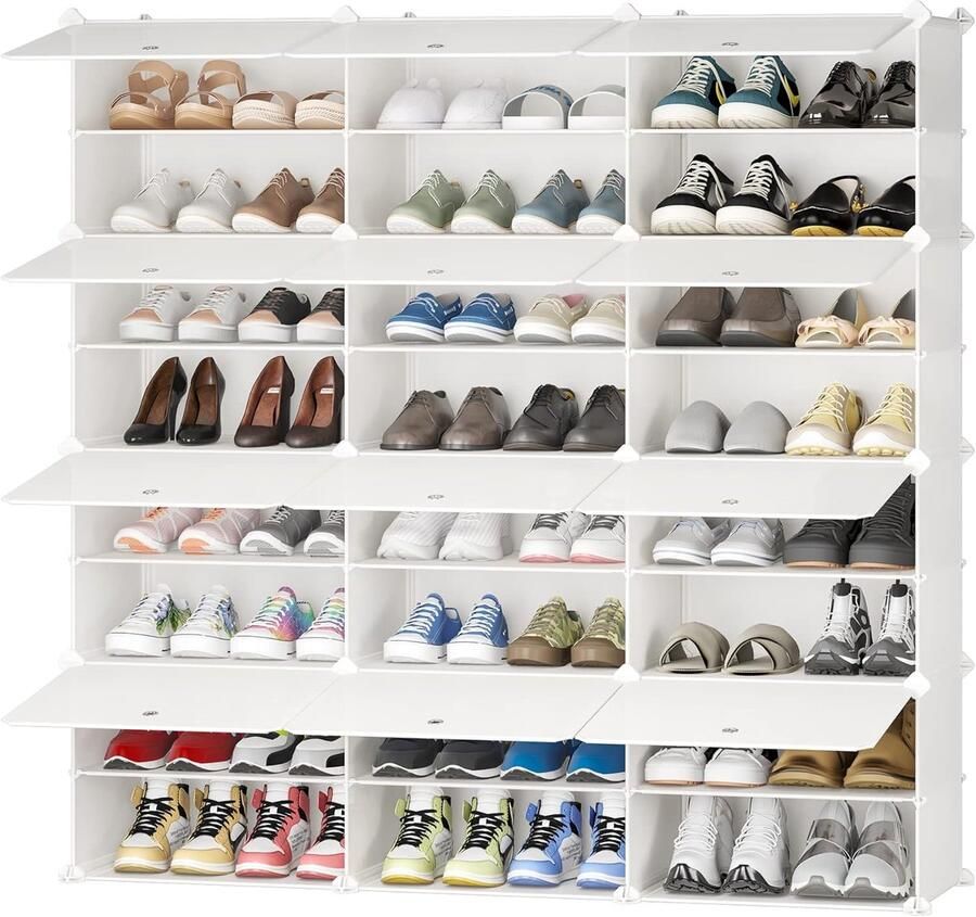 Schoenenrek Schoenenkast met Deuren Multifunctionele Modulaire Schoenenorganizer Verwijderbare Scheidingswand Kunststof en Metalen Frame Rekkensystemen 31x124x124cm (3x8 Scheiding) Melkwit