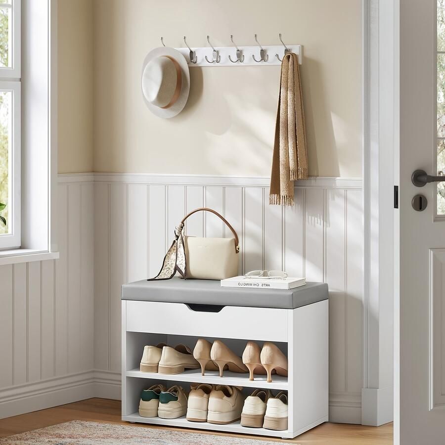 Schoenenrek schoenenkast schoenenbank Modern Witte Houten Schoenenbank met Gekussende Zitting & 3-Lagen Organizer 30x60x44cm Hardhout Frame en Spaanplaat Constructie