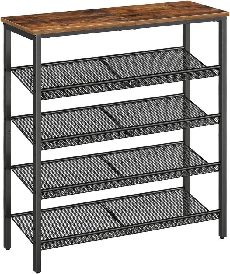 Schoenenrek Schoenenorganizer 5-Tier Schoenenkast Verstelbaar Metalen Roosterrek Ruime Bovenkant- voor 16-20 paar Schoenen Industrie 75 x 30 x 81 cm Vintage Bruin-Zwart