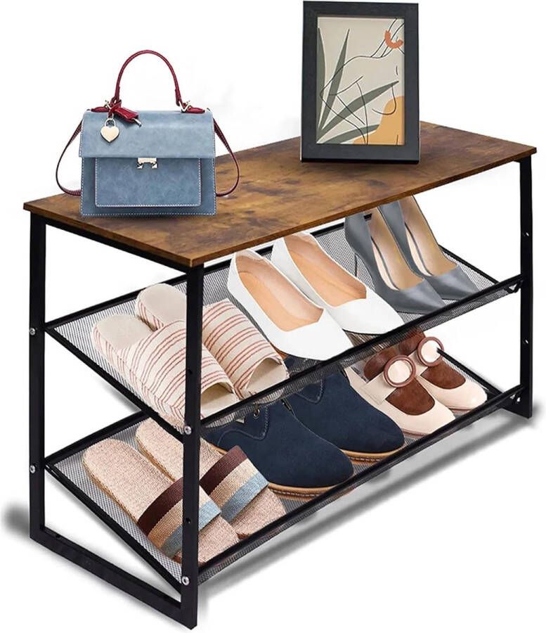 Merkloos Ronde bijzettafel kleine salontafel met stabiel X-vormig metalen frame 40 cm rond nachtkastje voor woonkamer slaapkamer balkon kantoor vintage bruin en zwart - Foto 3