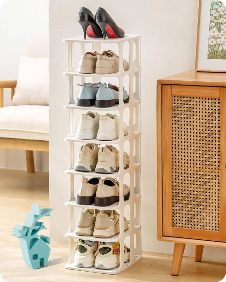 Schoenenrek Slank flexibel combineerbaar schoenenopbergorganisator kunststof schoenenrek met 8 paar capaciteit voor kledingkasten kasten ingangen (wit)