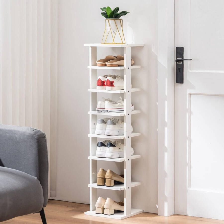 Schoenenrek smal 8 planken schoenenstandaard hoog hout schoenenorganizer ruimtebesparend multifunctioneel staand rek voor woonkamer hal badkamer wit