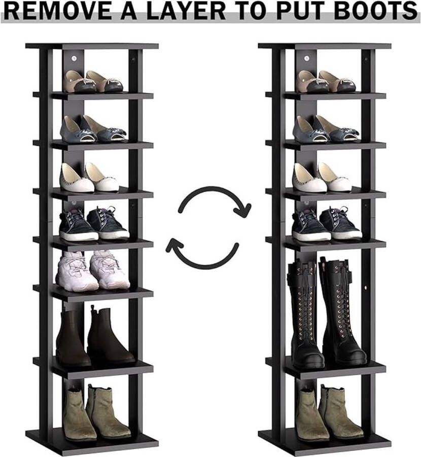 Schoenenrek smal 8 planken schoenenstandaard hoog hout schoenenorganizer ruimtebesparend multifunctioneel staand rek voor woonkamer hal badkamer zwart