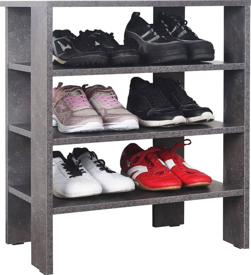 Schoenenrek smal en hoog 70 x 55 x 32 cm staand rek pershout betonlook grijs WM039-BG schoenenstandaard met 3 niveaus schoenenkast open schoenenrekken hal schoenenrek klein