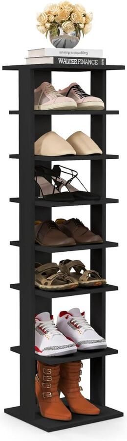 Schoenenrek smal en hoog houten rek 8 niveaus schoenenrek verticaal schoenenorganizer ruimtebesparend houten rek staand rek opbergrek hoekrek vrijstaand