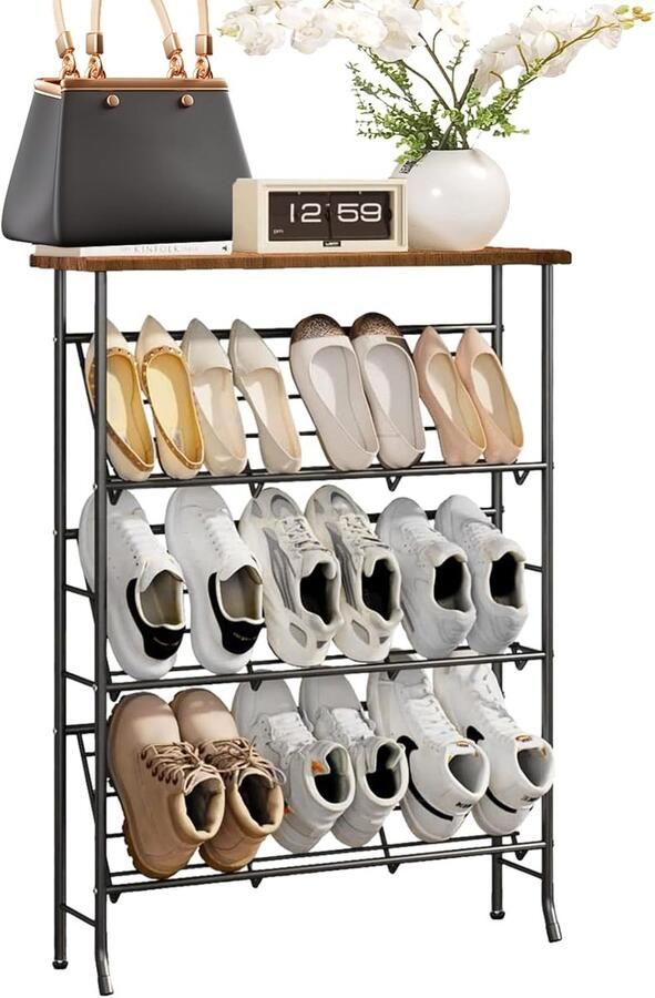 Schoenenrek smal metaal schoenenrek met 4 niveaus stapelbaar klein schoenenrek organizer voor 12-16 paar schoenen schoenenrek voor entree hal woonkamer slaapkamer