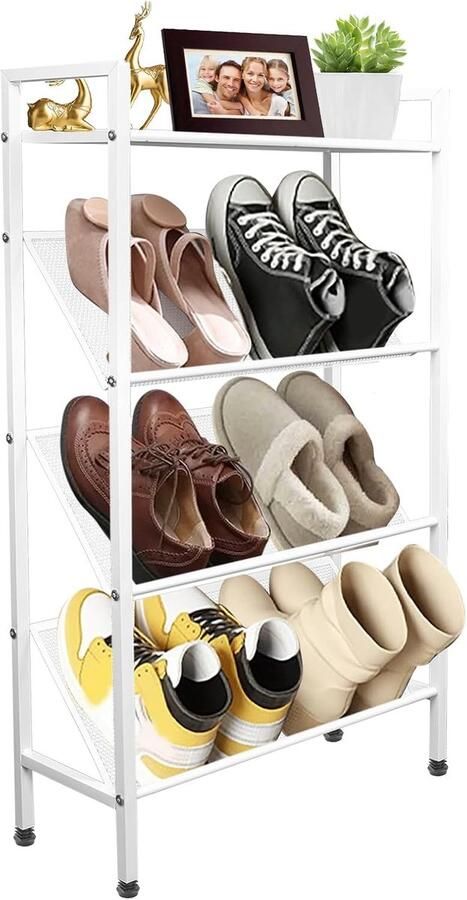 Schoenenrek smal schoenenrek ruimtebesparend metaal wit schoenenrek met 4 niveaus voor entree hal woonkamer schoenenrek 50 cm breed 20 cm diep hoogte 90 cm