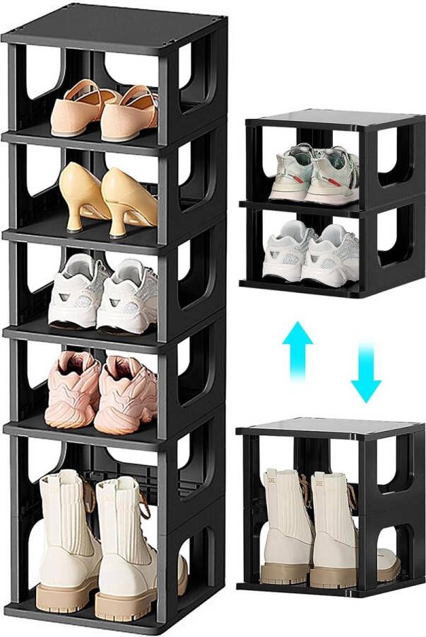 Schoenenrek smal zwart 6 niveaus smal hoog en smal schoenenrek flexibel combineerbare schoenenstandaard voor hal (4 verdiepingen diep 1 verdieping hoog en 1 deklaag)