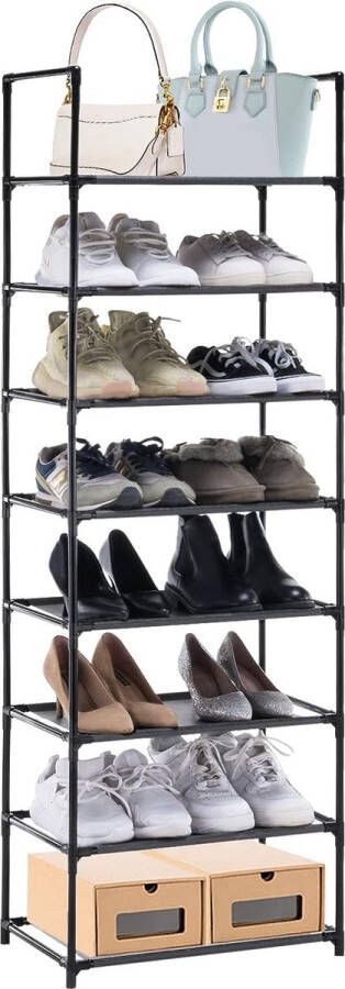 Schoenenrek smalle schoenenkast 8 niveaus schoenenstandaard metaal schoenenrek hoge schoenenopslag ruimtebesparend 46 x 28 x 145 cm zwart