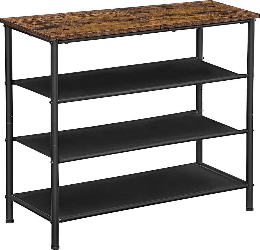 Schoenenrek staand rek met 4 niveaus schoenenplanken smalle 3 polyester stoffen planken metalen frame voor hal ingang industrieel ontwerp vintage bruin-zwart LBS035B01