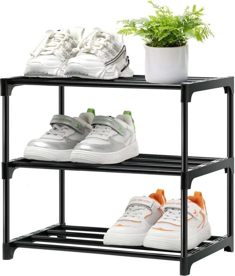Stapelbaar klein schoenenrek 3 niveaus voedselopslag slanke opbergorganizer zwarte standaard voor hal en slaapkamer