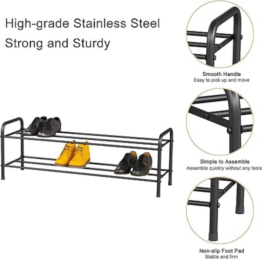 Schoenenrek schoenenrekken 2 niveaus roestvrij staal schoenenorganizer voor maximaal 9-12 paar schoenen schoenenrek voor woonkamer garderobe en hal 80 x 26 2 x 33 5 cm (mat zwart) - Foto 2