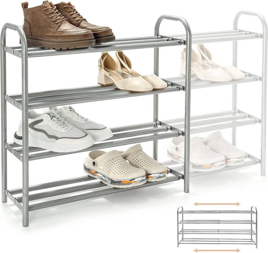 Schoenenrek uittrekbaar met 4 planken sterk en duurzaam metalen schoenenstandaard uitbreidbaar voor 20 paar schoenen (60-100) x 22 5 x 61 5 cm