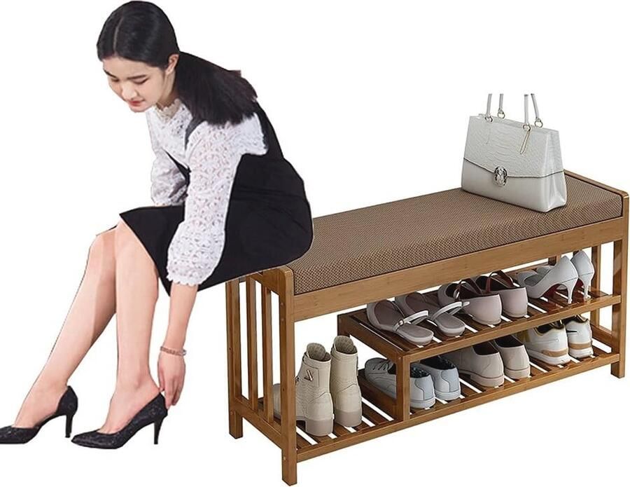 Schoenenrek van Bamboe met Zitkussen 2 Niveaus Ruimtebesparende Schoenenbank voor de Entree 90x27x45cm - Foto 2