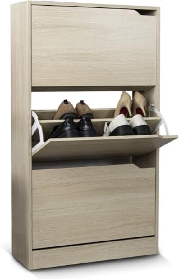 Schoenenrek van MDF-hout met 3 deuren en inklapbare schoenenhouder Ruimtebesparend en compact ontwerp 63 x 24 x 115 cm