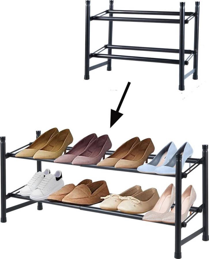 Schoenenrek van metaal verstelbaar en uitbreidbaar schoenenstandaard zwart sterk en robuust voor hal woonkamer slaapkamer garage kledingkast (1 pak met 2 treden)
