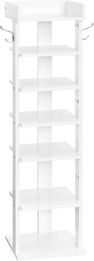 Schoenenrek verticaal schoenenrek 7-laags schoenenkast smalle schoenenstandaard met omheining en haken ruimtebesparend voor hal woonkamer slaapkamer wit