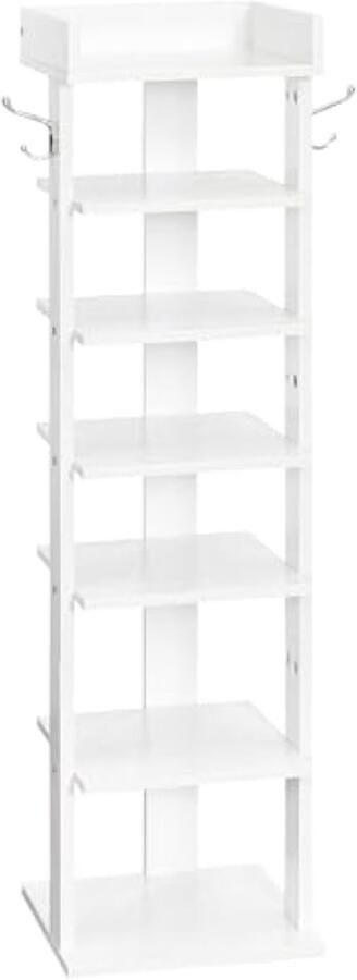 Schoenenrek verticaal schoenenrek 7-laags schoenenkast smalle schoenenstandaard met omheining en haken ruimtebesparend voor hal woonkamer slaapkamer wit EWT61XJ01
