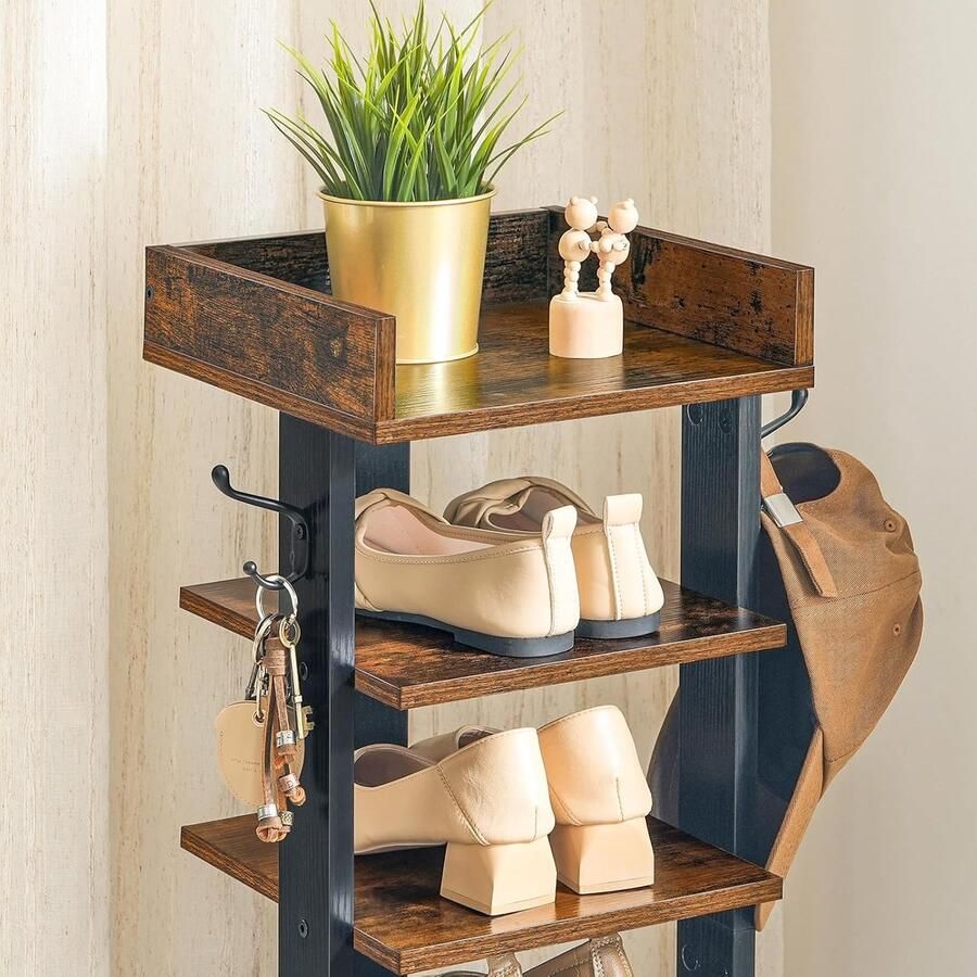 Schoenenrek verticaal schoenenrek 9-laags schoenenkast smalle schoenenstandaard met omheining en haken ruimtebesparend voor hal woonkamer slaapkamer donkerbruin-zwart