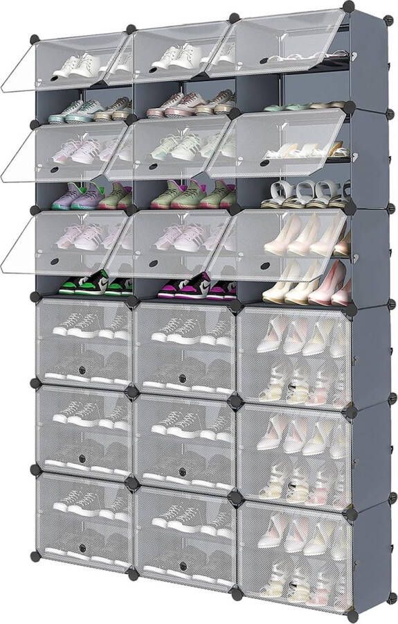 Schoenenrek voor 72 paar schoenen Schoenenkast met 3 x 12 lagen slanke stofdichte kunststof schoenenrekken voor gang slaapkamer entree met deuren 30 x 40 x 30 cm per vak grijs