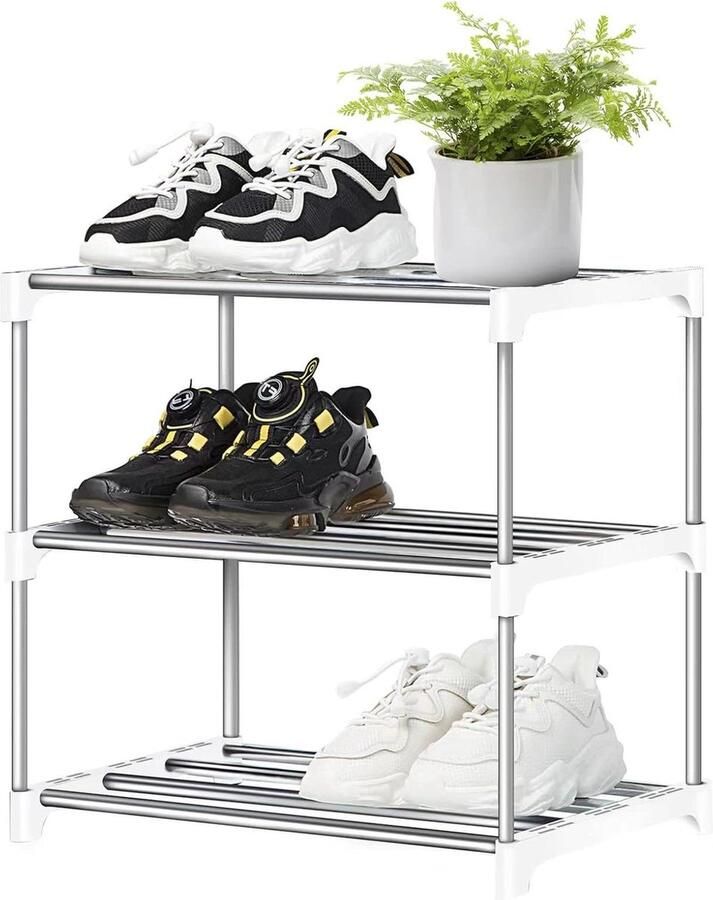 Schoenenrek wit 3-laags metalen stapelbaar Schoenopbergorganisator voor hal en slaapkamer