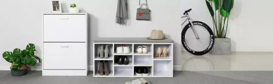 Schoenenrek zitbank 10 vakken met bekleding voor de entree hal slaapkamer 104 x 30 x 48 cm