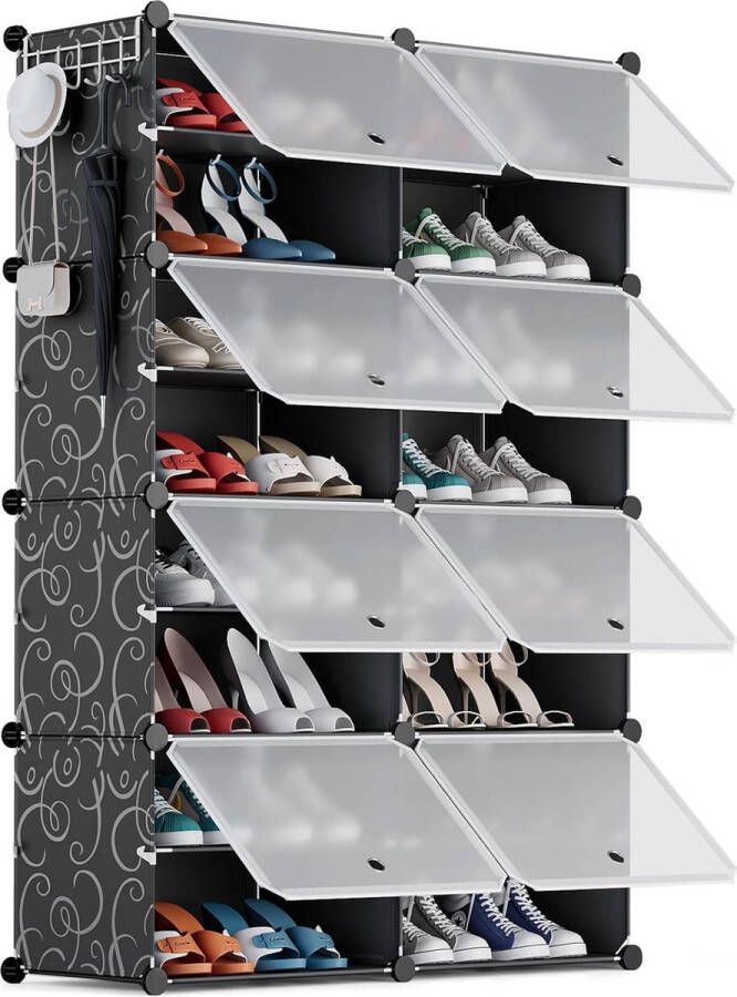Schoenenrekken voor 32 paar schoenen Schoenenkast met 2 x 8 niveaus Stofdicht schoenenrek Schoenenopslag voor gang slaapkamer kledingkast entreegebied Zwart