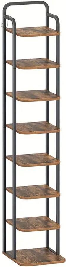 Schoenentoren – 8-Laags Verstelbaar Schoenenrek met Haken – Vrijstaand & Ruimtebesparend Schoenenrek in Rustiek Bruin Zwart – Ideaal voor Hal Woonkamer & Entree