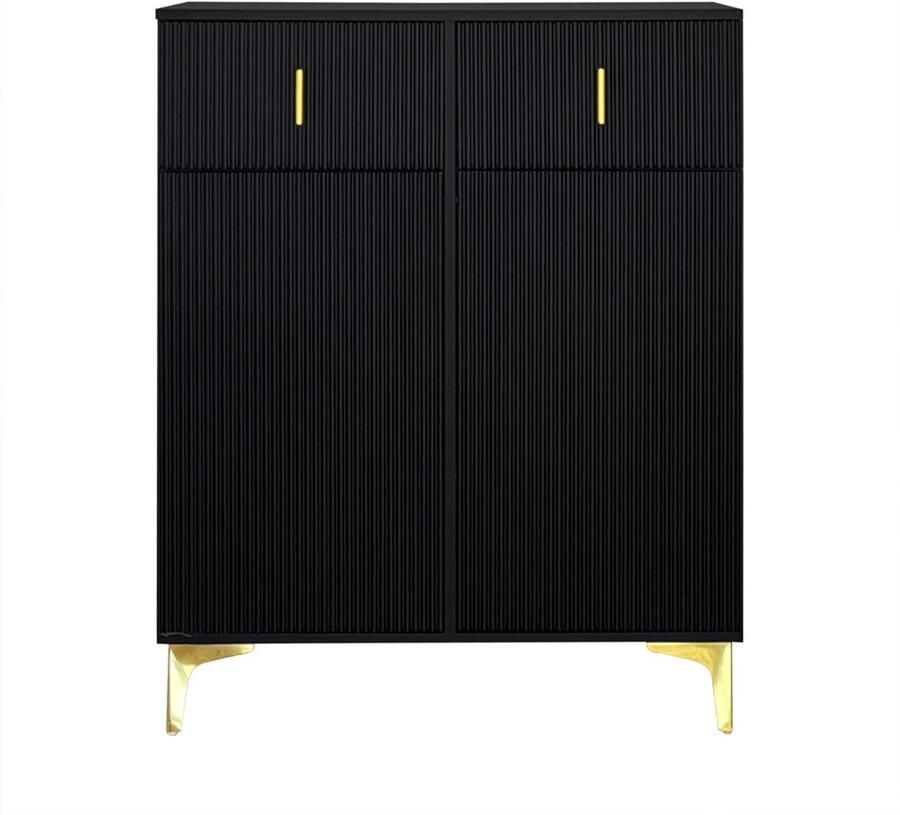Schoenkast eettafelkast opbergkast zijkast met 2 laden 6 compartimenten en verstelbare plankjes modern minimalistisch verticale strepenontwerp gouden handgrepen en poten 83 x 35 x 101 cm zwart