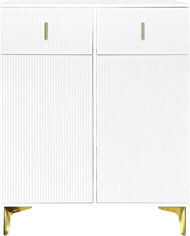 Schoenkast eettafelkast opbergkast zijkast met 2 laden 6 compartimenten en verstelbare plankjes modern minimalistisch verticale strepenontwerp gouden handgrepen en poten 83 x 35 x 101 cm wit