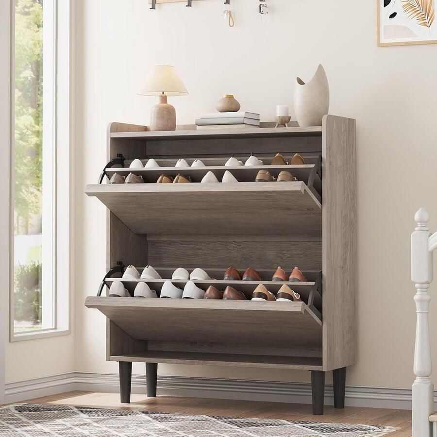 Schoenkast met 2 laden verborgen houten schoenkast vrijstaande schoen opslag kast met verstelbare plank voor gang woonkamer-Grijs