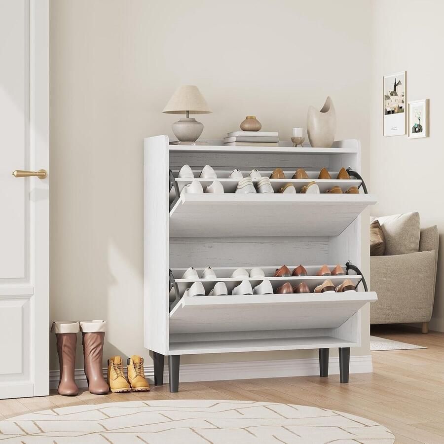 Schoenkast met 2 laden verborgen houten schoenkast vrijstaande schoen opslag kast met verstelbare plank voor gang woonkamer-Wit