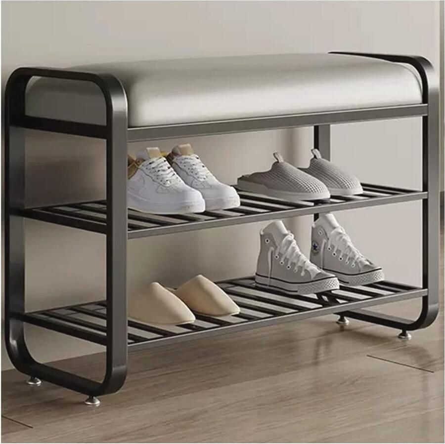 Schoenopbergbank met gewatteerde zitting 2-laags schoenenrek voor entree voordeur en hal 60 x 32 x 52 cm Zwart - Foto 2