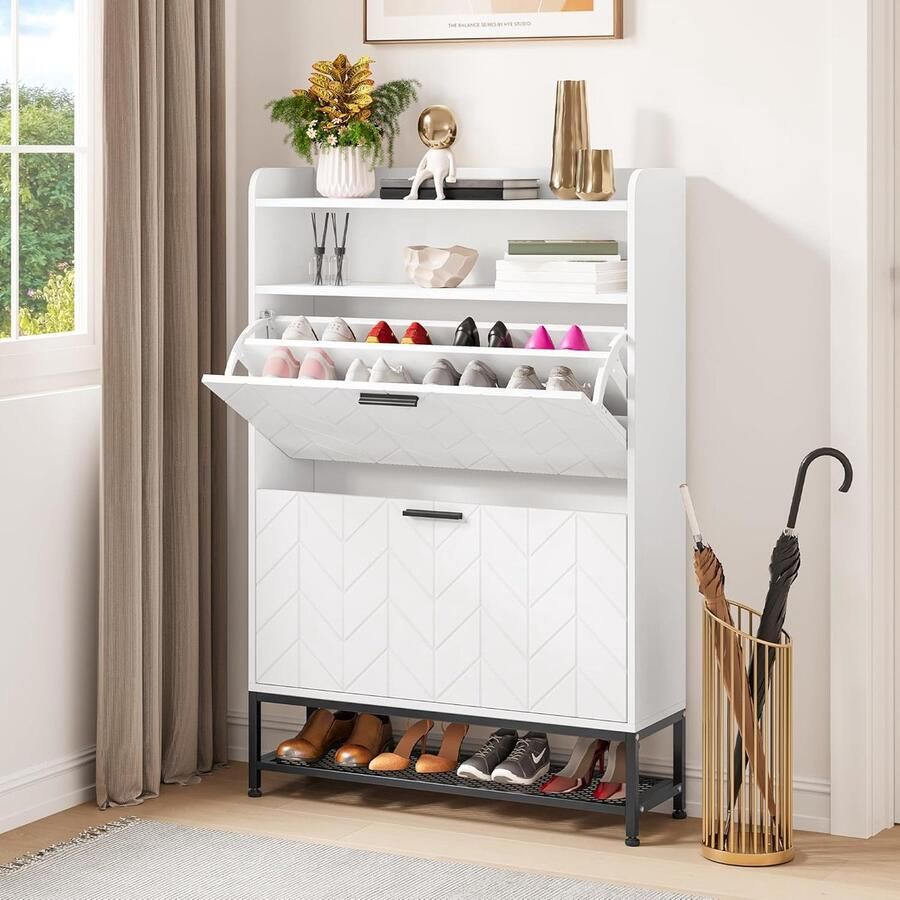 Schoenopbergkast houten schoenenkast met 2 klaplades vrijstaande schoenenkast met open planken en metalen poten schoenenrek voor woonkamer entree hal