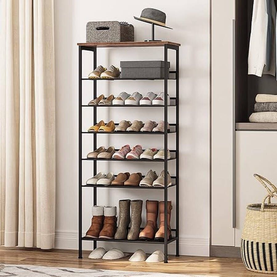 Schoenenrek met 8 niveaus hoog smal schoenenrek 60 x 30 x 137 cm platte en kantelbare roosterplanken voor 16-24 paar schoenen metaal voor entree hal vintage bruin-zwart EBF186XJ01