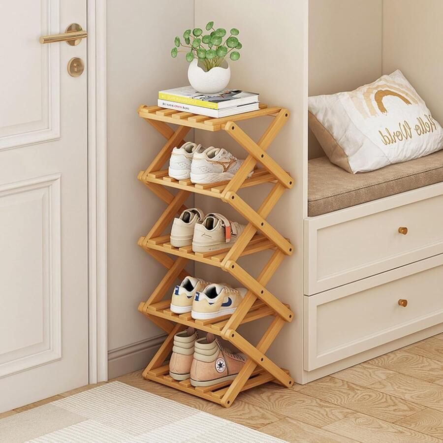 Schoenrek Bamboe Opvouwbaar Schoenen Organiser Vrij Staand Plankje voor Ingang Kast Slaapkamer Hal Natuurlijk Functioneel Multifunctioneel Schoenrek (Houtkleur）5 Lagen（26*26*75cm）