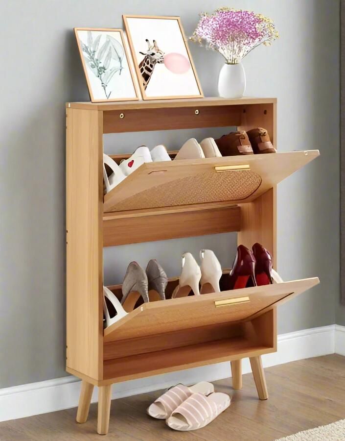 Schoenrek Schoenenkast Modern Minimalistisch 2 Openklapbare Laden 60 x 16 8 x 87 7 cm PVC Rotan Houtkleur