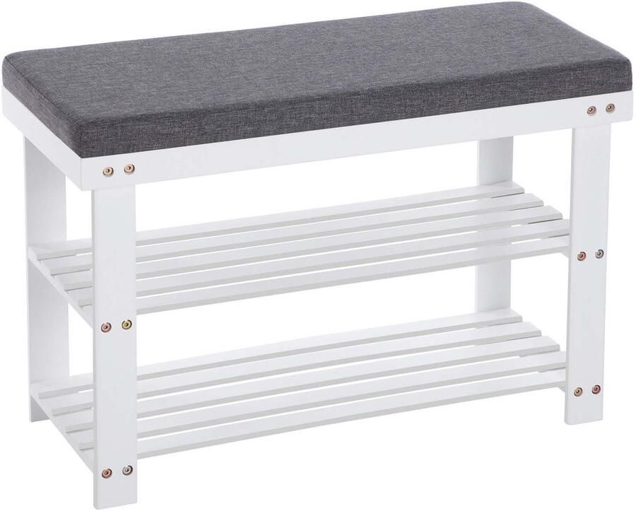Schoephoekbank schoenenrek opbergrek met schoenenbank en dubbel opbergvak stevige houten structuur stijlvolle en minimalistische uitstraling maximaal draagvermogen 150 kg geschikt voor de entree en gang 71 x 29 x 49 cm wit en grijs
